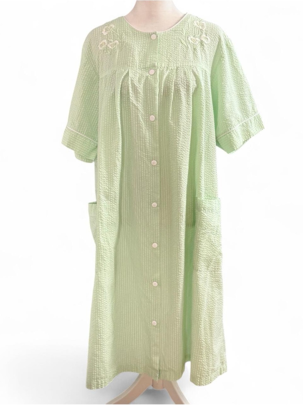 Vintage Miss Elaine Green Seersucker Button Front House Dress Large